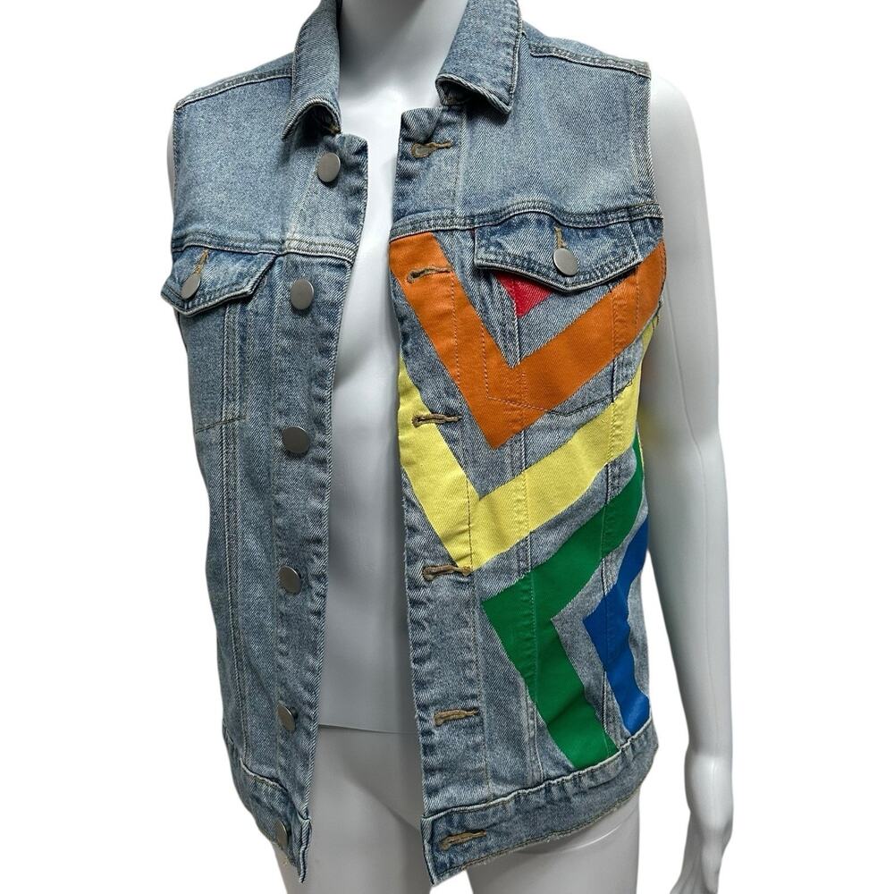 Unisex Rainbow Pride Collection LGBTQ Stonewashed Sleeveless Blue Denim Vest - Picture 2 of 11